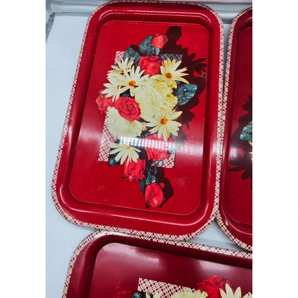 Vintage Red Floral Metal Serving Trays Set of 3 Roses Daisies Retro Kitchen 11.5
